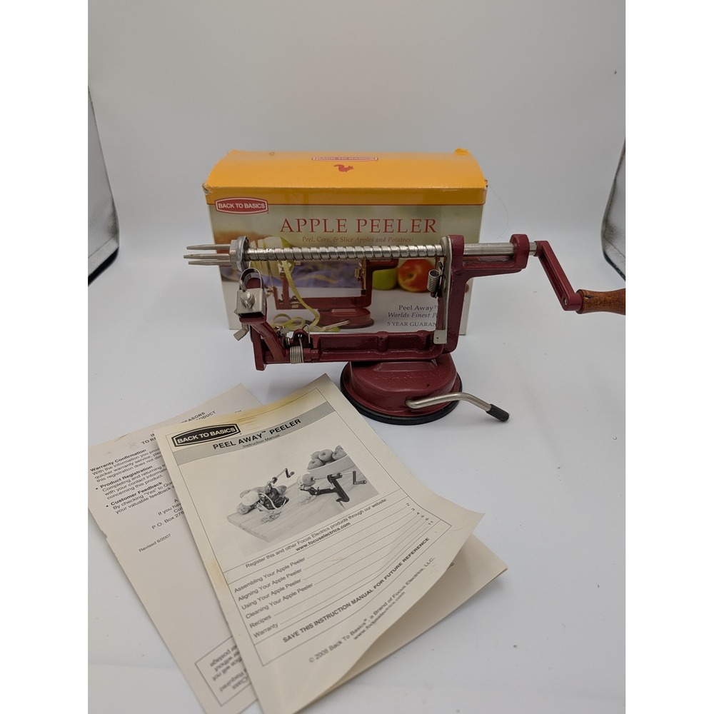 Back to Basics Peel Away Apple Peeler Red Cast Iron Suction Base Corer‎ Slicer